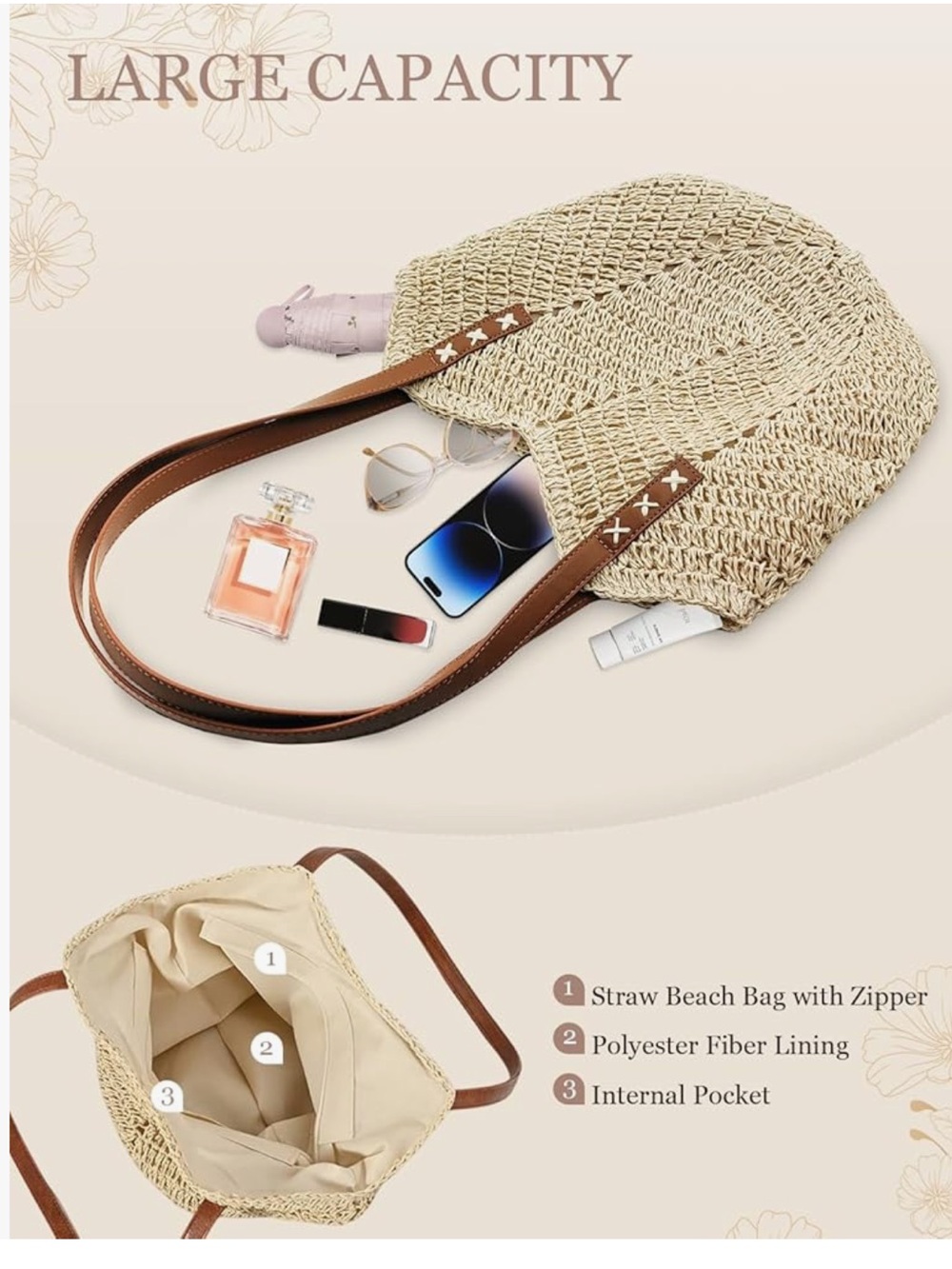 Woven Straw Tote with Brown Leather Straps - Picture 6 of 6